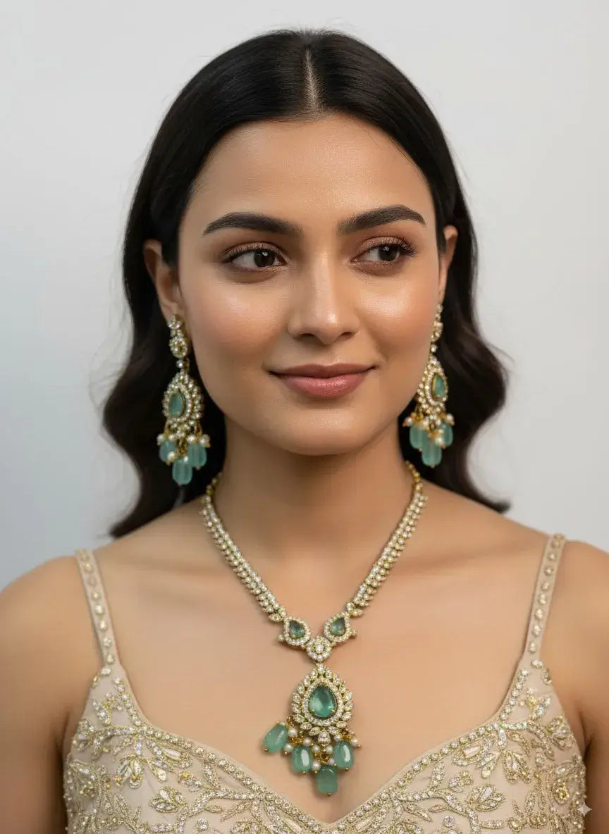 pastel green kundan necklace set with earrings for women worn by a model, showcasing elegance with teardrop pendant and matching earrings.