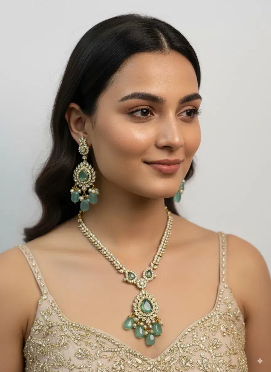 Pastel Green Kundan Necklace Set with Earrings for Women worn by a model, showcasing the elegant design.