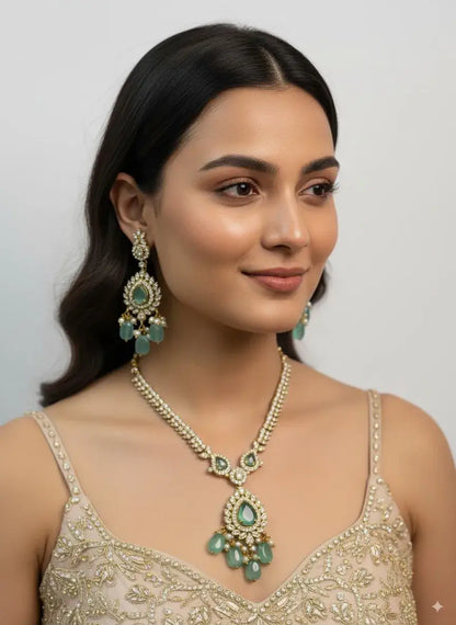 Pastel Green Kundan Necklace Set with Earrings for Women worn by a model, showcasing the elegant design.