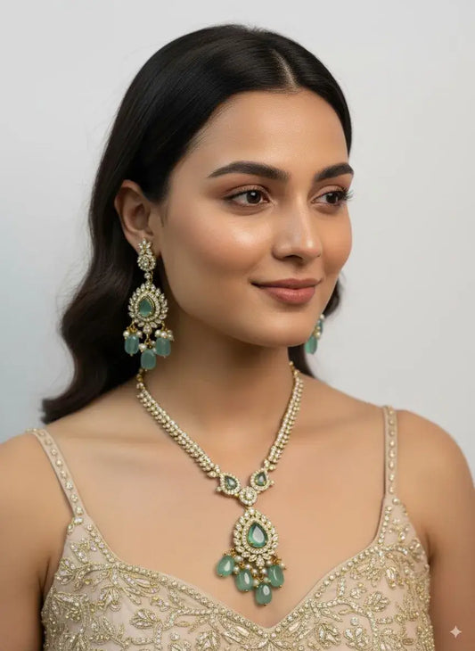 Pastel Green Kundan Necklace Set with Earrings for Women worn by a model, showcasing the elegant design.