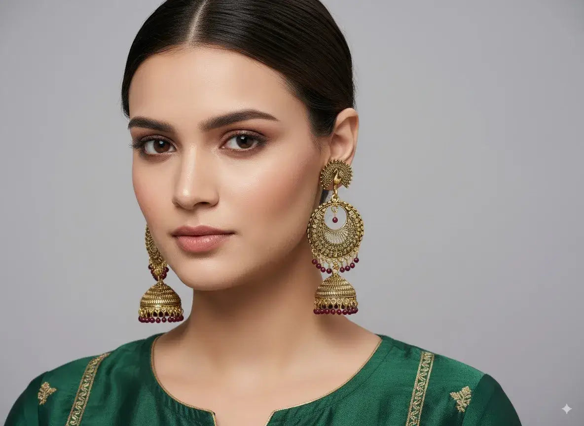 gehna antique gold plated jhumka earrings for women – traditional ethnic jewellery worn by a model in a green outfit.