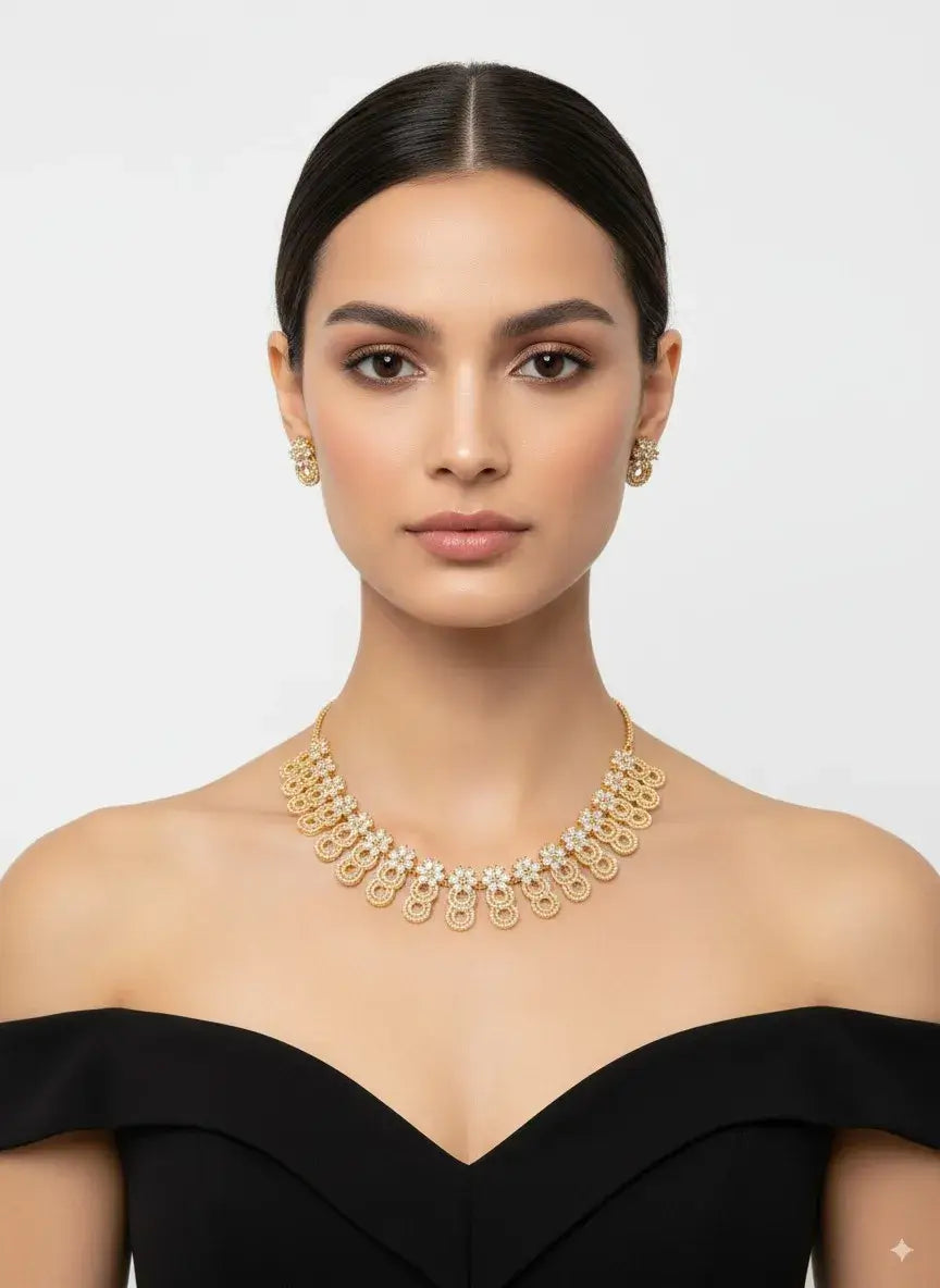 golden circular cz necklace set with matching earrings worn by a model, showcasing intricate design and sparkling details.