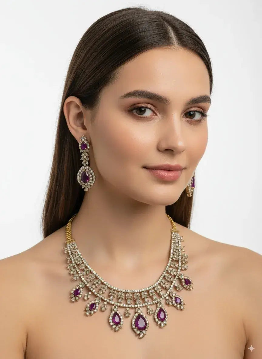 model showcasing a elegant purple stone cz necklace set with earrings, featuring bold purple gemstones and shimmering cz stones.
