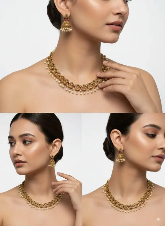 Traditional Multicolor Pearl Necklace Set with Jhumka Earrings worn by model, showcasing royal ethnic charm.