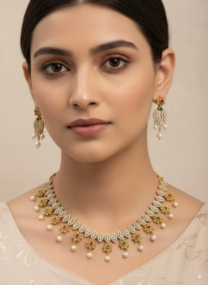 Floral CZ Pearl Necklace Set with Multicolor Stones & Earrings worn by a model, showcasing elegant design and colorful accents.
