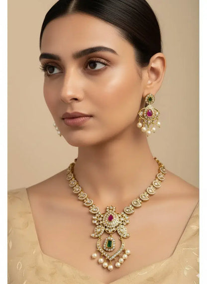 Royal Kundan Pearl Necklace Set with Multicolor Stones & Earrings worn by model showcasing elegance and intricate design.