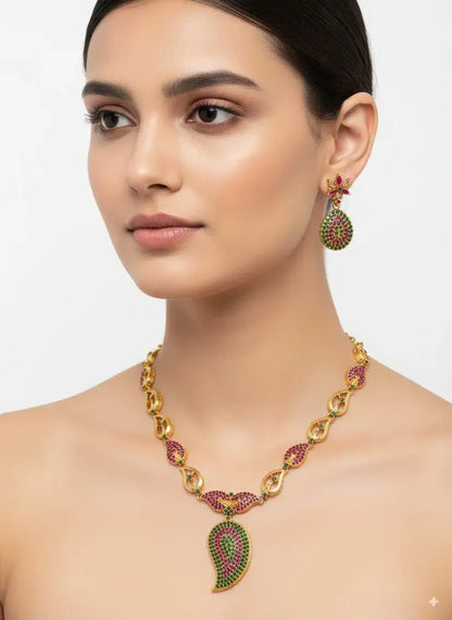 Paisley Design Multicolor Necklace Set with Earrings showcasing vibrant green and magenta stones on elegant gold chain.