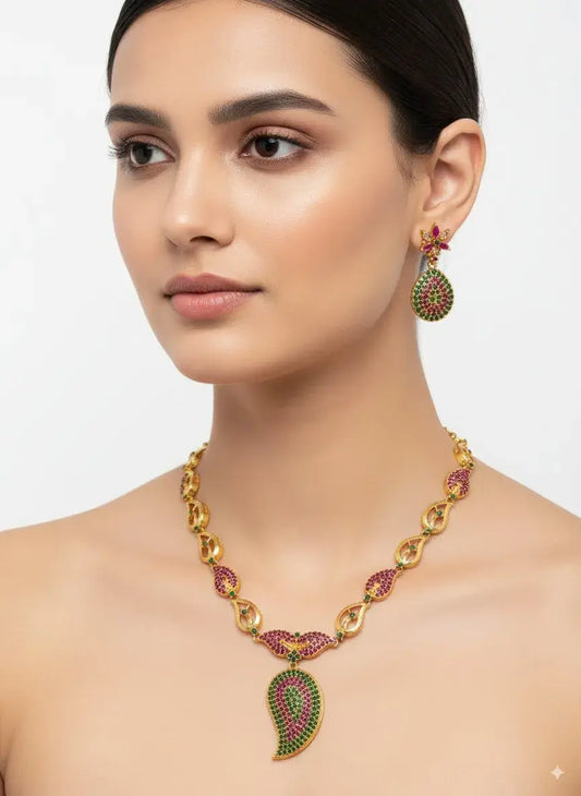 Paisley Design Multicolor Necklace Set with Earrings showcasing vibrant green and magenta stones on elegant gold chain.