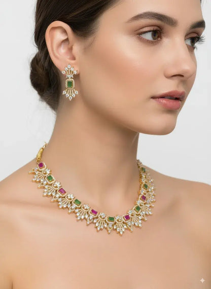 Multicolor CZ Necklace Set with Green & Magenta Stones worn by model featuring floral motifs and matching earrings.