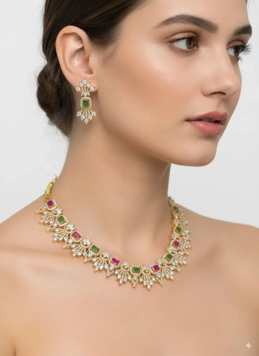 Multicolor CZ Necklace Set with Green & Magenta Stones worn by model featuring floral motifs and matching earrings.