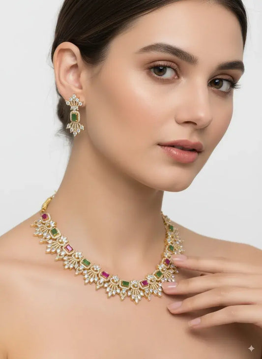 Multicolor CZ Necklace Set with Green & Magenta Stones worn by model, highlighting elegant design and matching earrings.