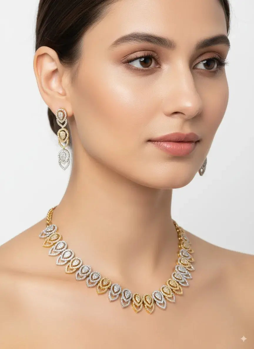 dual tone cz necklace set with matching earrings displayed on a model, showcasing its elegant design and sparkle.
