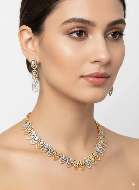 Dual Tone CZ Necklace Set with Matching Earrings displayed on a model, showcasing its elegant design and sparkle.