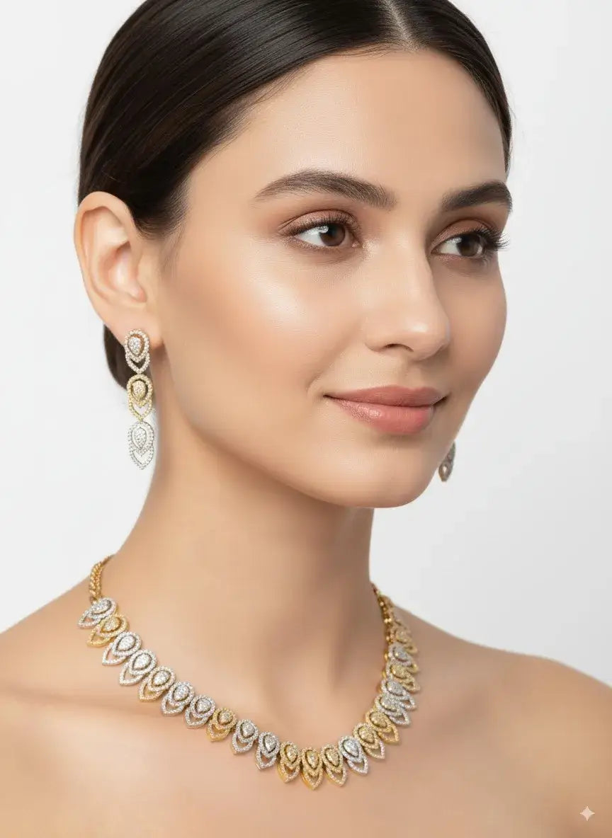 model showcasing a dual tone cz necklace set with matching earrings, perfect for festive occasions.
