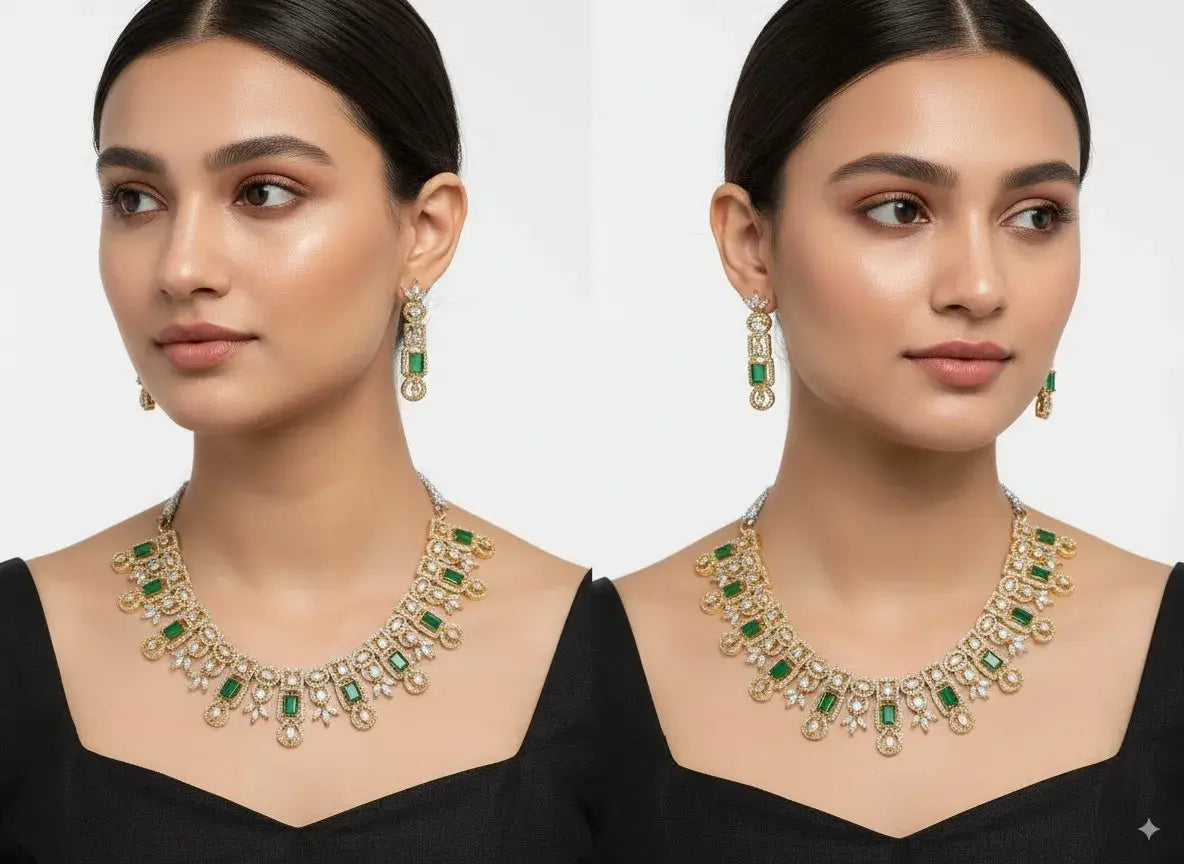 green emerald-cut cz necklace set with matching earrings worn by model, featuring emerald-cut green stones and drop earrings.