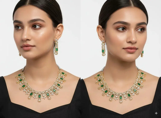 Green Emerald-Cut CZ Necklace Set with Matching Earrings worn by model, featuring emerald-cut green stones and drop earrings.