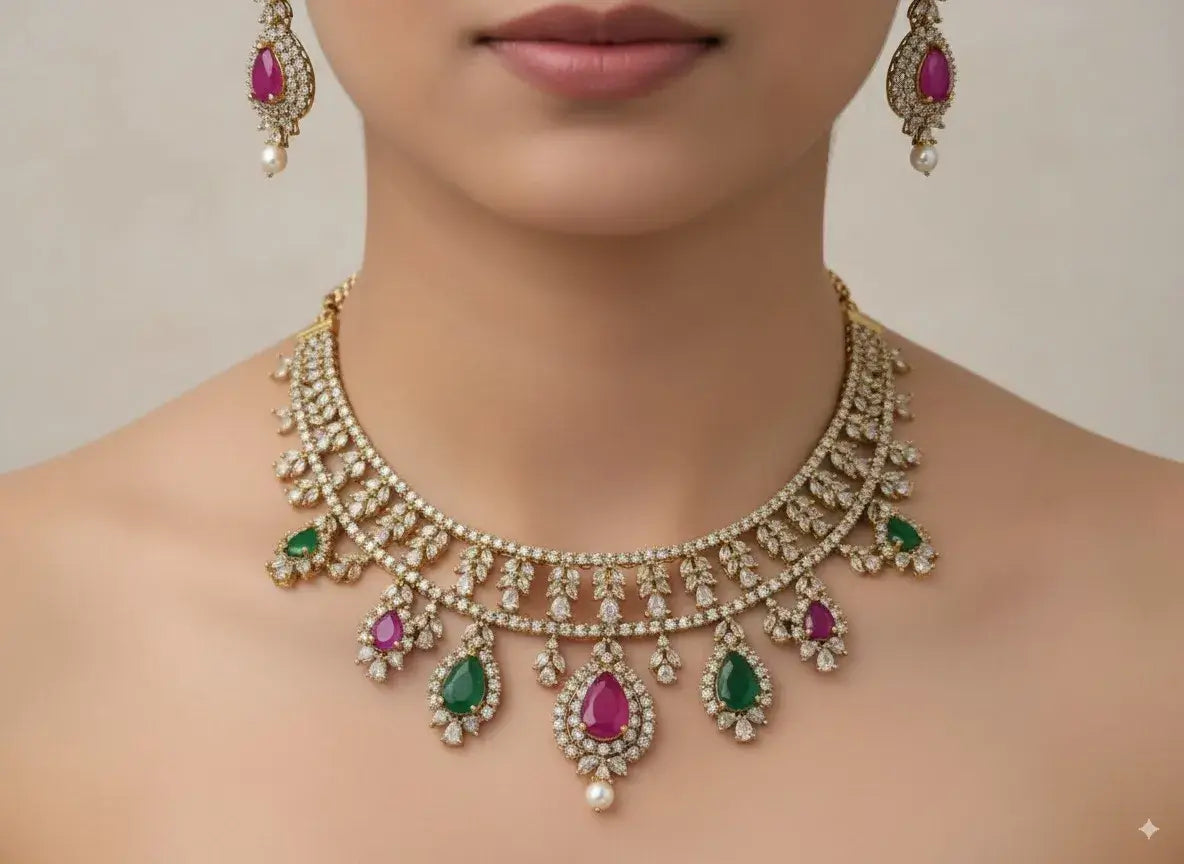 pearl choker necklace set with green & magenta stones featured with matching earrings, perfect for festive occasions.