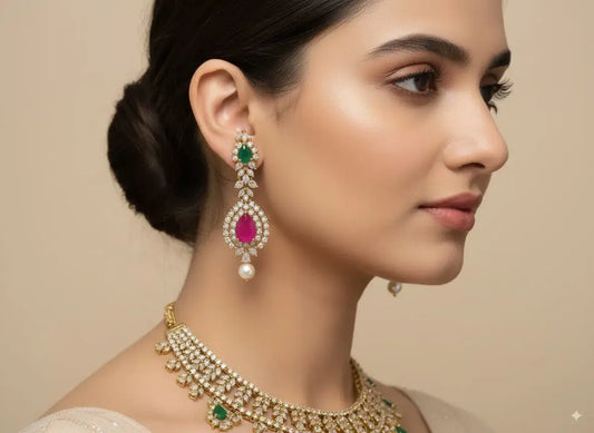 Pearl Choker Necklace Set with Green & Magenta Stones worn by a model, showcasing elegant earrings and necklace design.