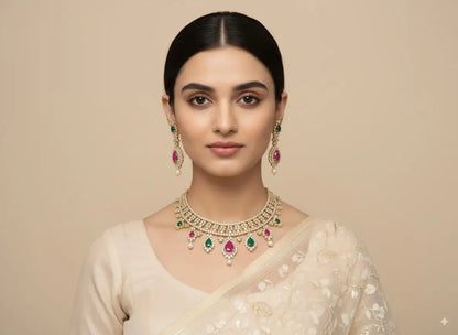 Pearl Choker Necklace Set with Green & Magenta Stones worn by model, showcasing elegance and sparkle.