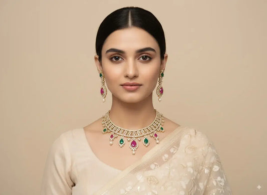 Pearl Choker Necklace Set with Green & Magenta Stones worn by model, showcasing elegance and sparkle.