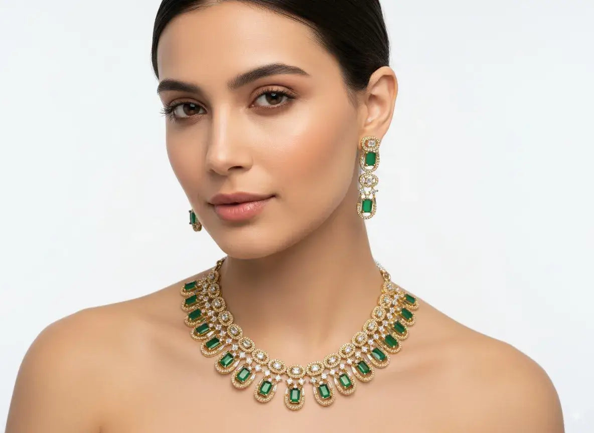 emerald green cz necklace set with earrings worn by a model, featuring intricate floral design and sparkling cz diamonds.