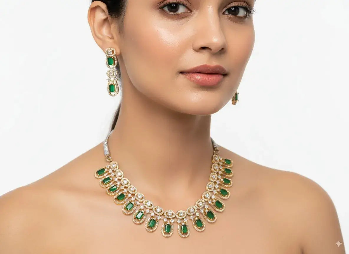 emerald green cz necklace set with earrings worn by model showcasing floral design and sparkling stones.