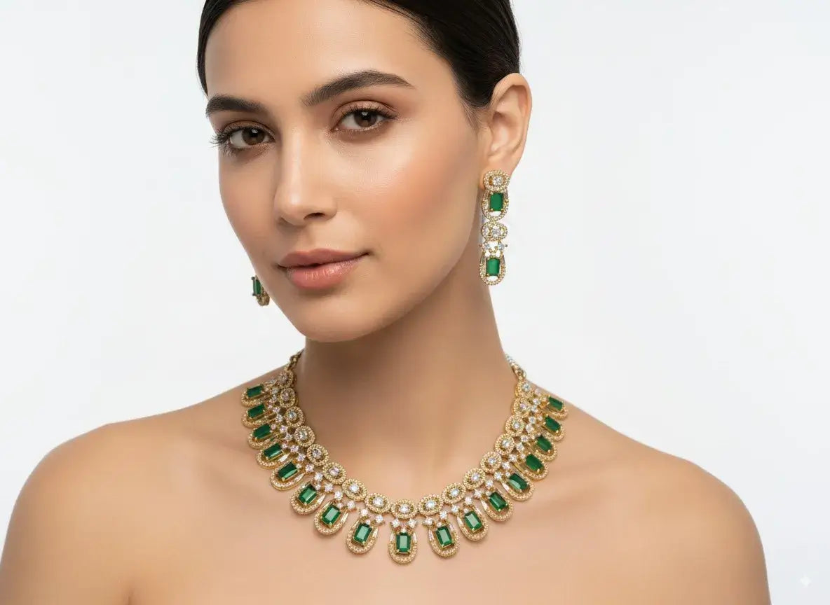 Emerald Green CZ Necklace Set with Earrings worn by a model showcasing its elegance and floral design.