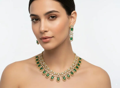 Emerald Green CZ Necklace Set with Earrings worn by a model showcasing its elegance and floral design.