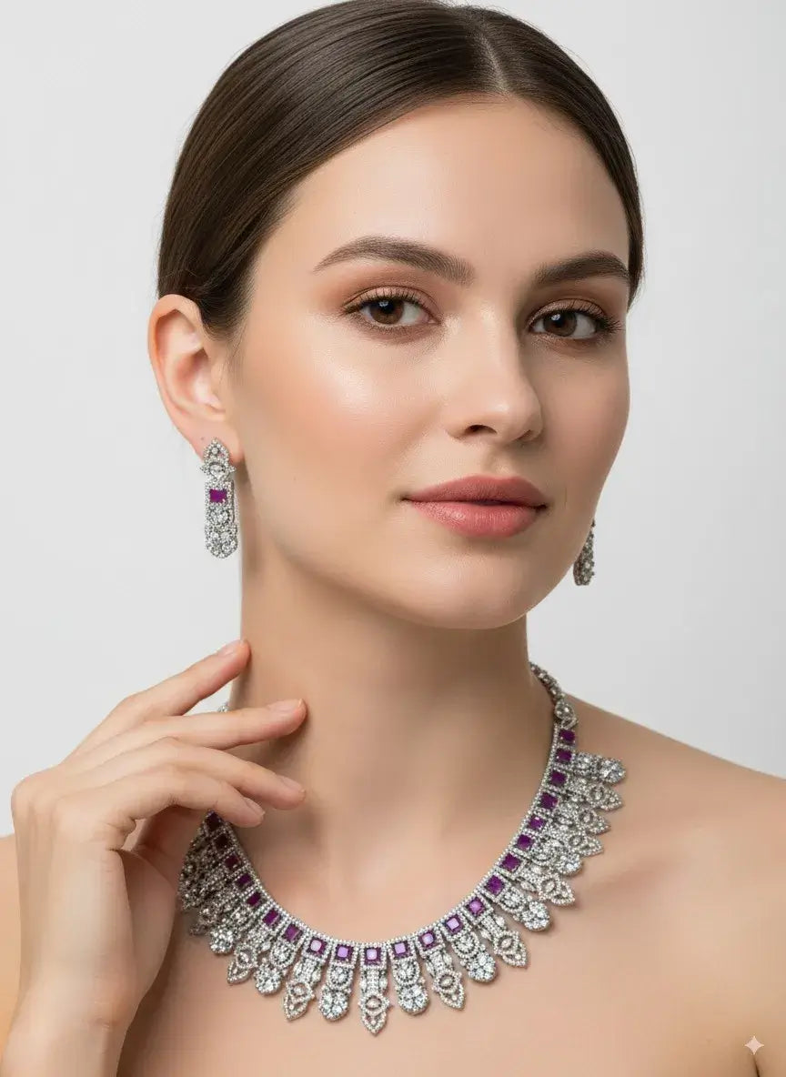 purple stone silver cz necklace set with earrings worn by a model showcasing its elegant design and sparkle.