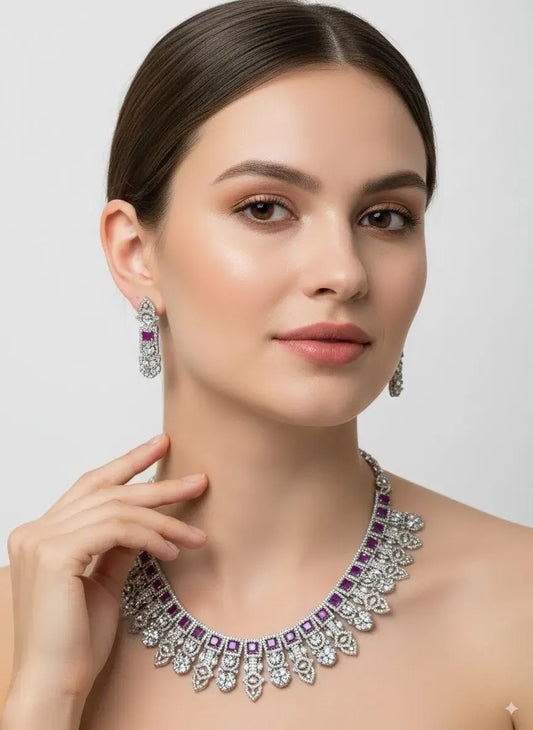 Purple Stone Silver CZ Necklace Set with Earrings worn by a model showcasing its elegant design and sparkle.