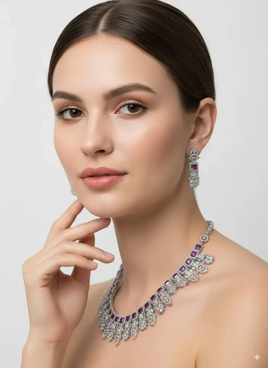 purple stone silver cz necklace set with earrings worn by a model showcasing its elegance and shine.