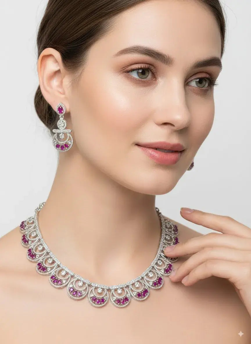 Scallop Design Purple Stone Silver CZ Necklace Set showcased by a model, featuring scallop motifs and matching earrings.
