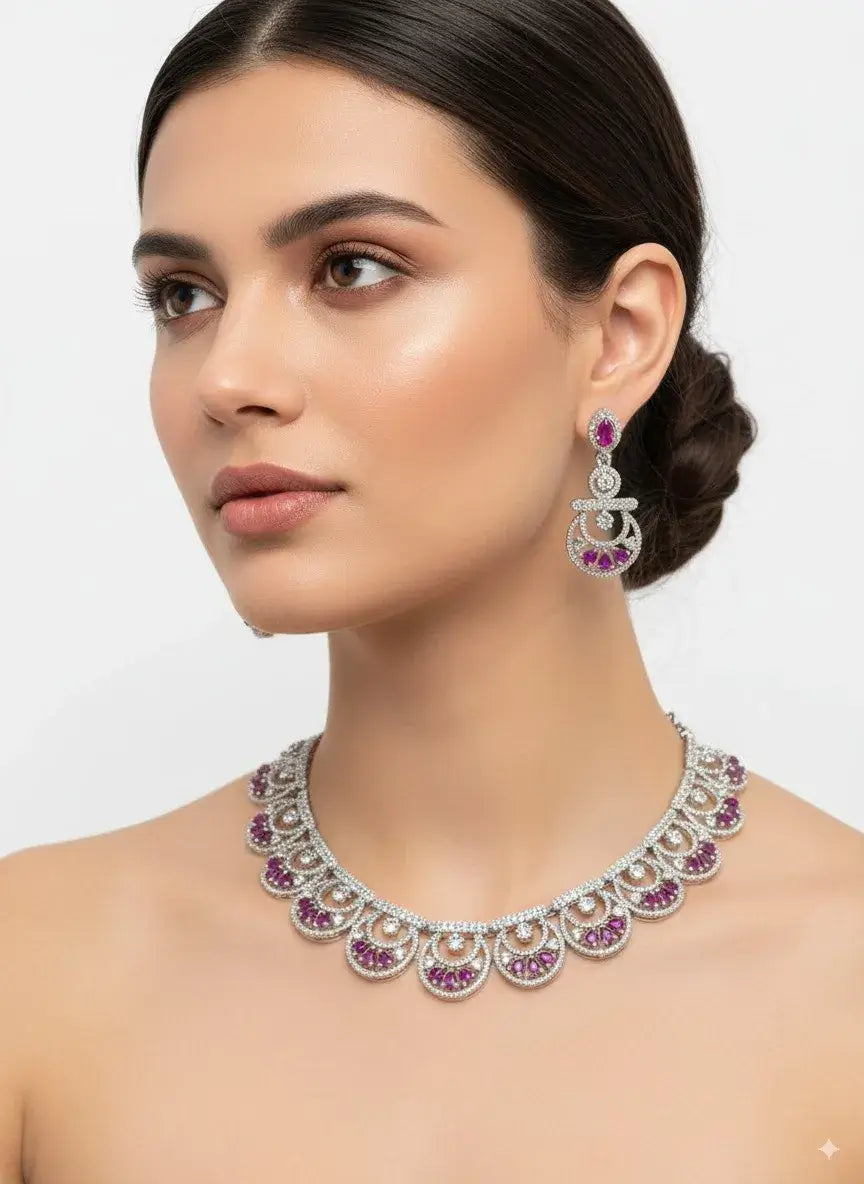 Scallop Design Purple Stone Silver CZ Necklace Set worn by model, featuring matching earrings and intricate scallop motifs.