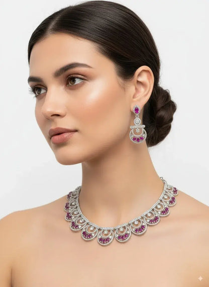 Scallop Design Purple Stone Silver CZ Necklace Set worn by a model, showcasing elegance with matching earrings.
