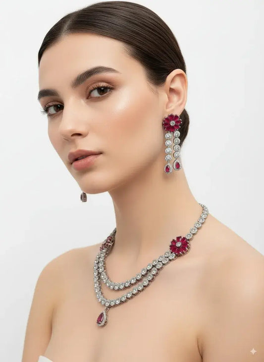 Red Stone Silver CZ Necklace Set with Earrings worn by a model showcasing its exquisite design and sparkle.