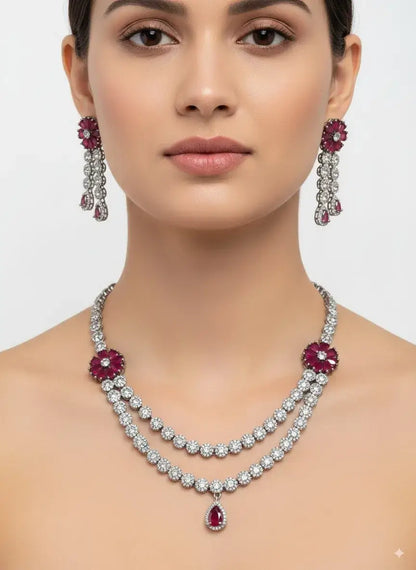 Red Stone Silver CZ Necklace Set with Earrings worn by model, featuring red stone accents and CZ diamonds.