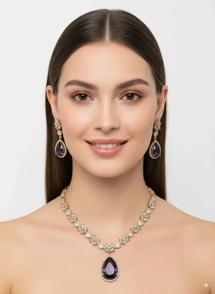 purple teardrop stone floral cz necklace set with earrings worn by a model, showcasing the elegant design and shimmering details.