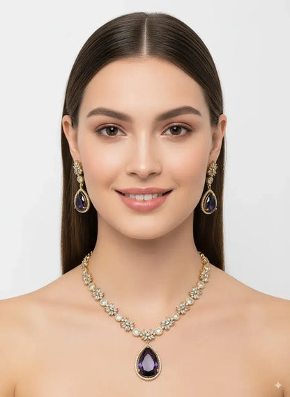 Purple Teardrop Stone Floral CZ Necklace Set with Earrings worn by a model, showcasing the elegant design and shimmering details.