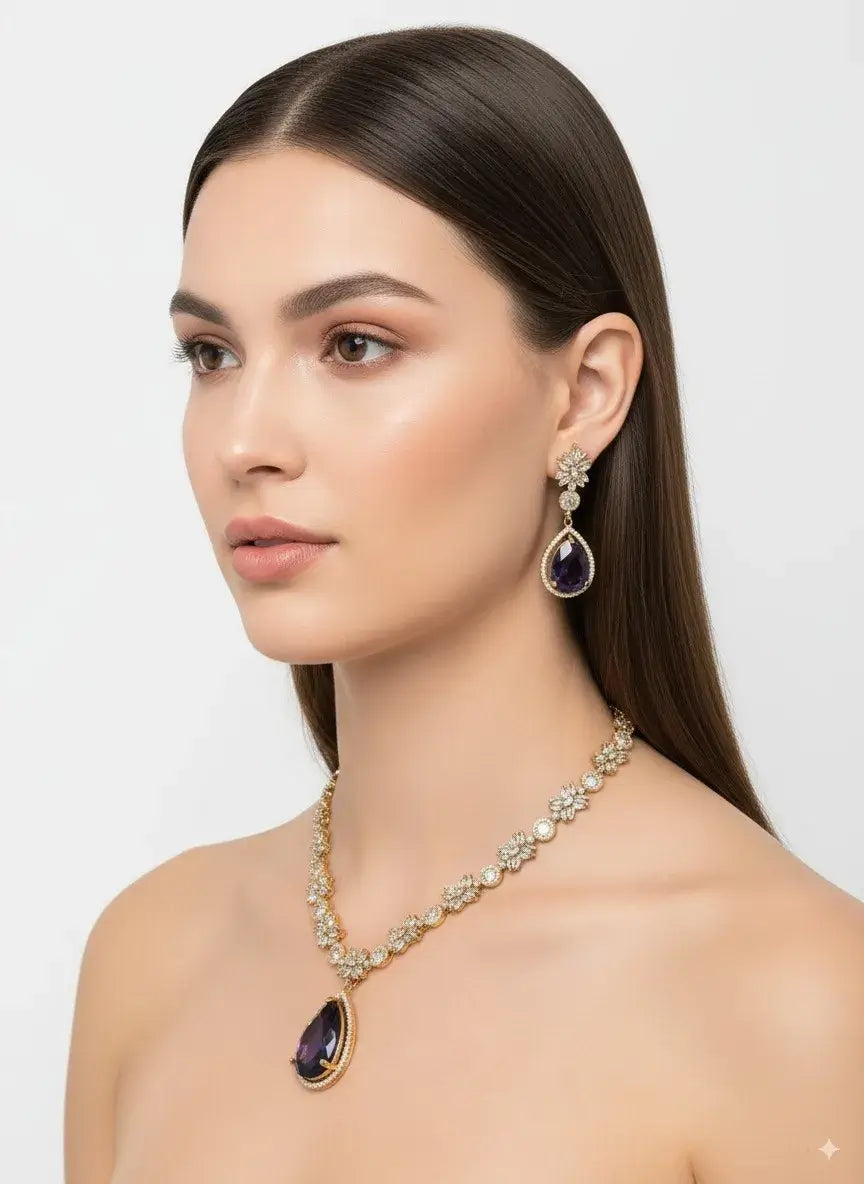 Model wearing Purple Teardrop Stone Floral CZ Necklace Set with Earrings featuring floral motifs and a bold pendant.