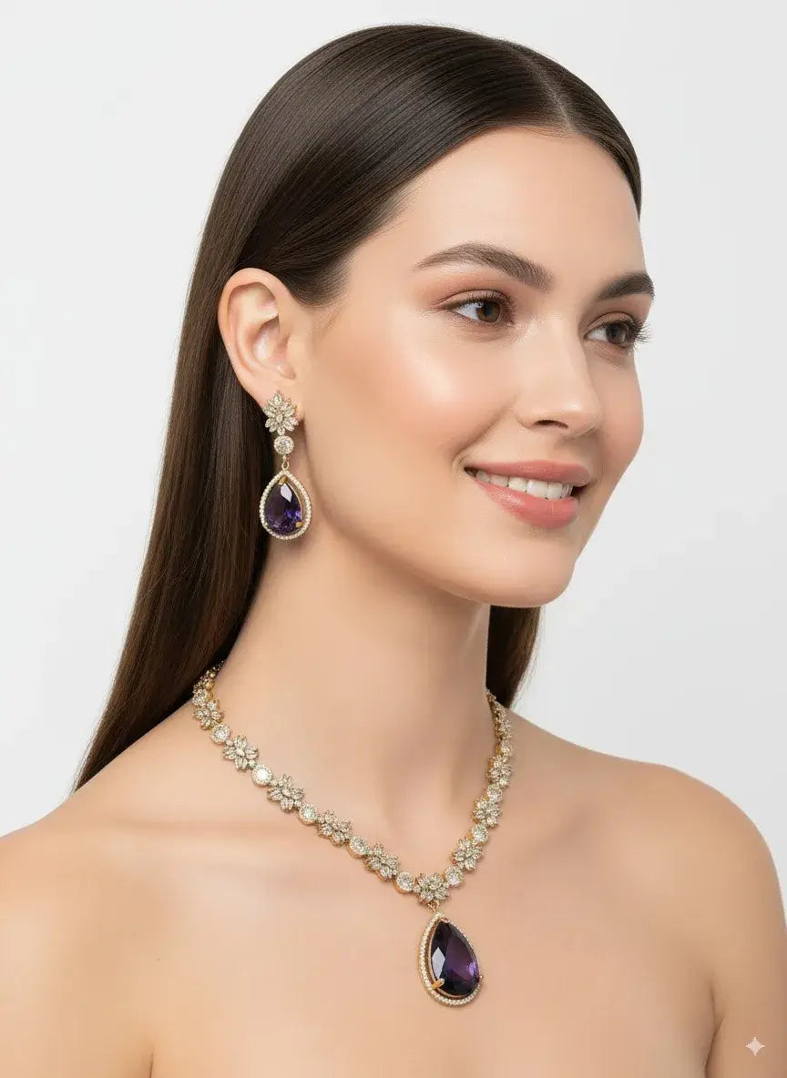purple teardrop stone floral cz necklace set with earrings worn by a model, showcasing elegance and style.