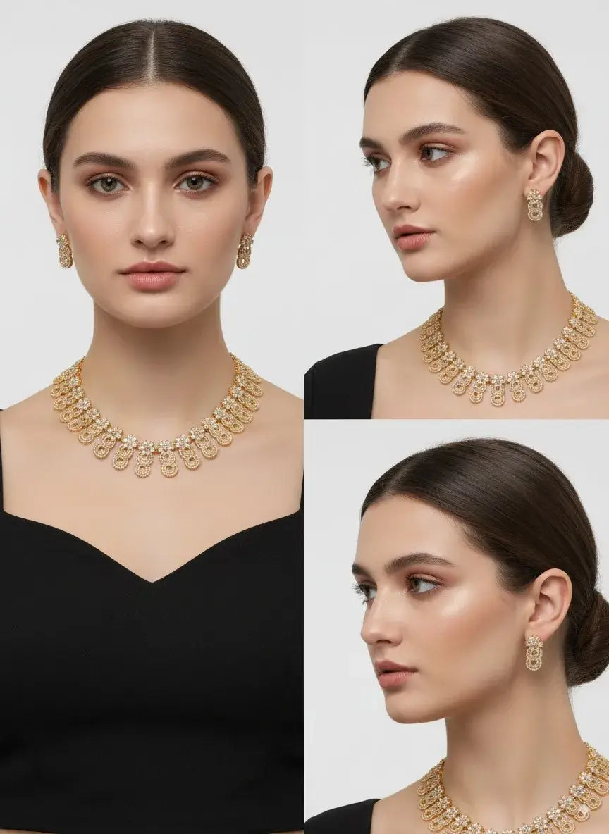 golden circular cz necklace set with matching earrings showcased on model, featuring intricate circular patterns and dazzling cz stones.