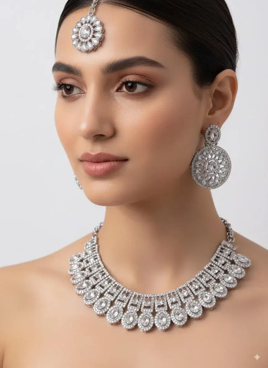CZ Diamond Bridal Choker Necklace Set with Earrings & Maang Tikka worn by a model, showcasing elegant craftsmanship.