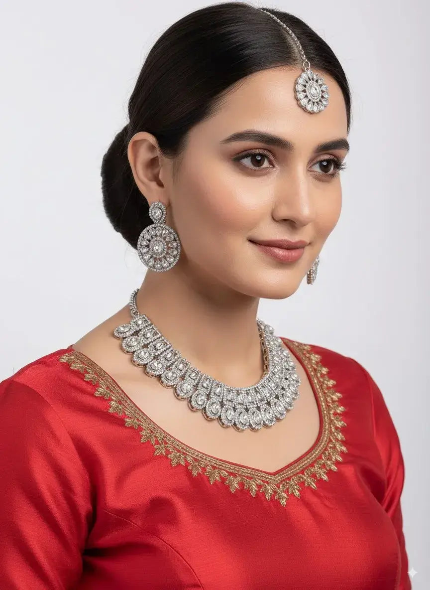 CZ Diamond Bridal Choker Necklace Set with Earrings & Maang Tikka worn by model in elegant attire.
