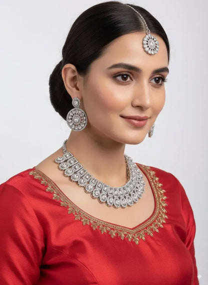 CZ Diamond Bridal Choker Necklace Set with Earrings & Maang Tikka worn by model in elegant attire.