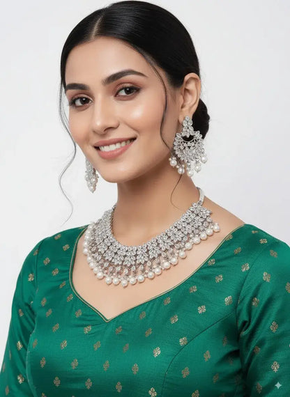 CZ Diamond Bridal Pearl Choker Necklace Set with Earrings worn by a smiling woman in a green outfit.