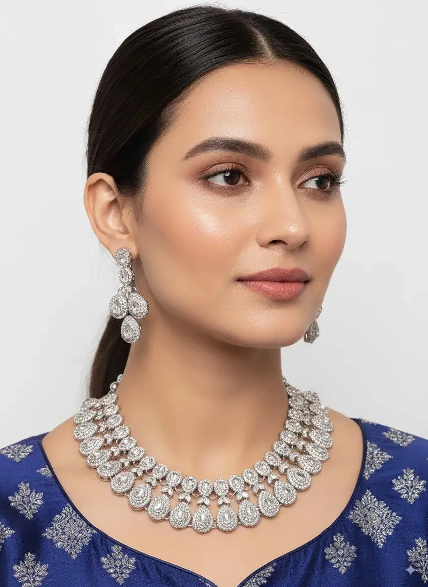 heavy bridal cz diamond choker necklace set with long earrings worn by a model showcasing elegant jewelry.