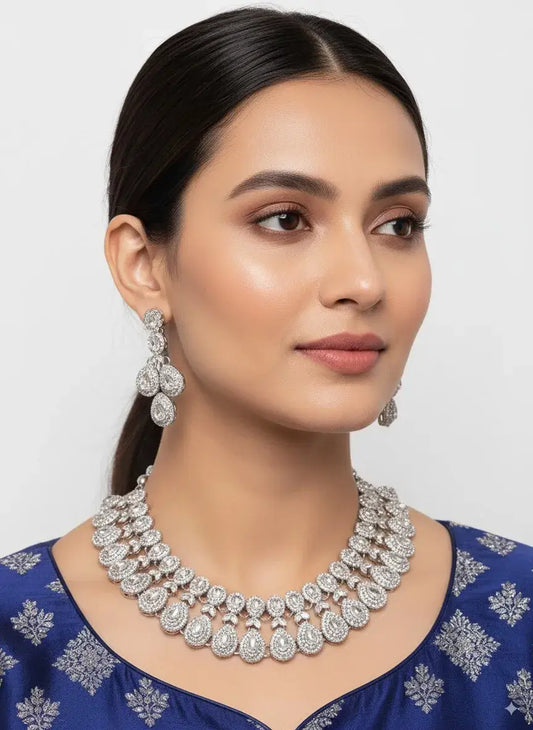 Heavy Bridal CZ Diamond Choker Necklace Set with Long Earrings worn by a model showcasing elegant jewelry.