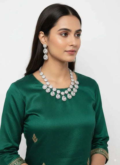 Royal CZ Diamond Drop Necklace Set with Earrings worn by a model in green attire.