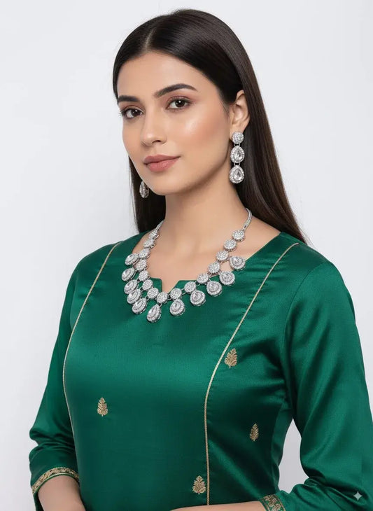 Model showcasing the Royal CZ Diamond Drop Necklace Set with Earrings, perfect for festive occasions.
