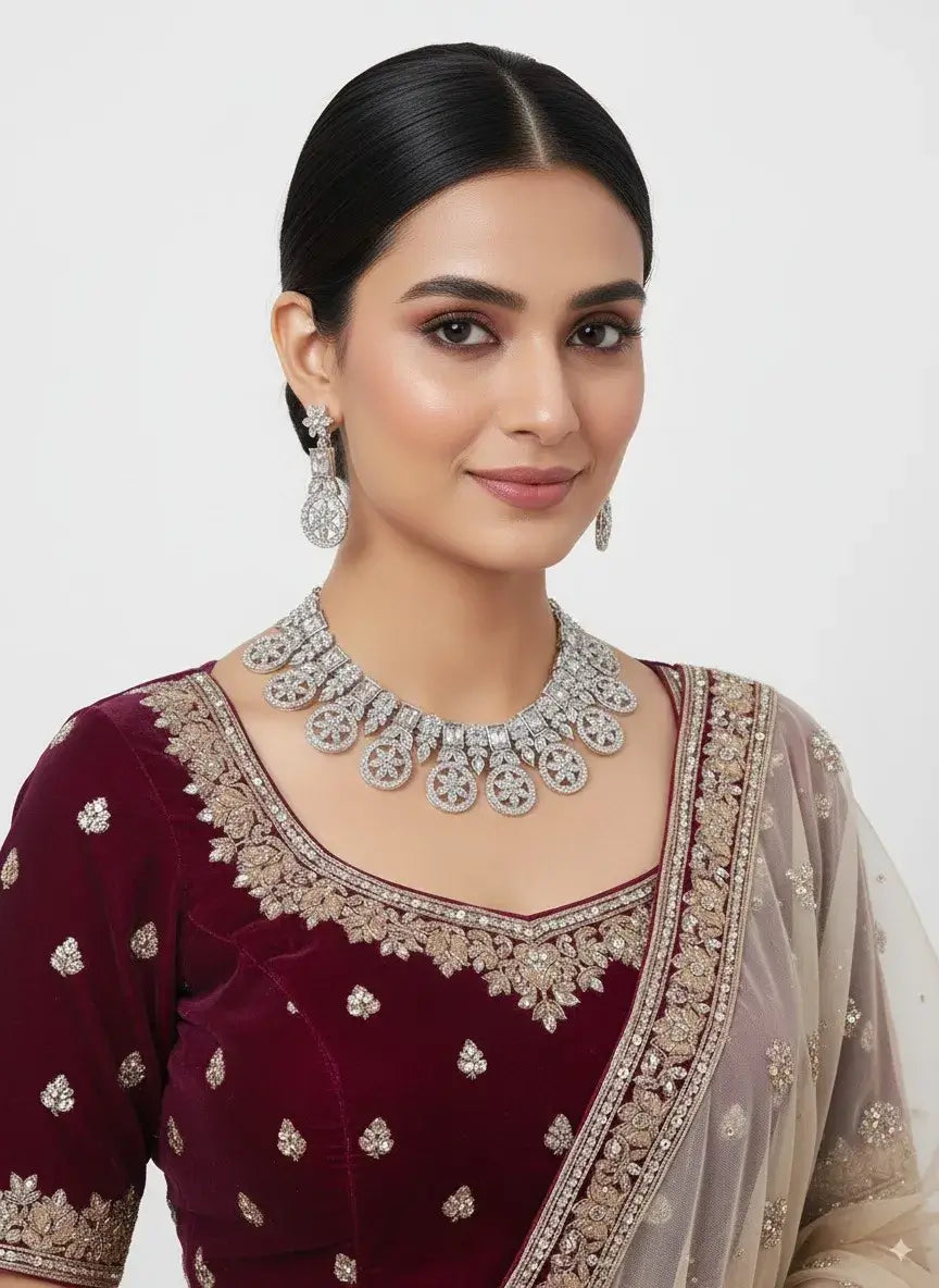 luxury cz diamond look statement necklace set with earrings worn by model, showcasing dazzling circular motifs and matching earrings.